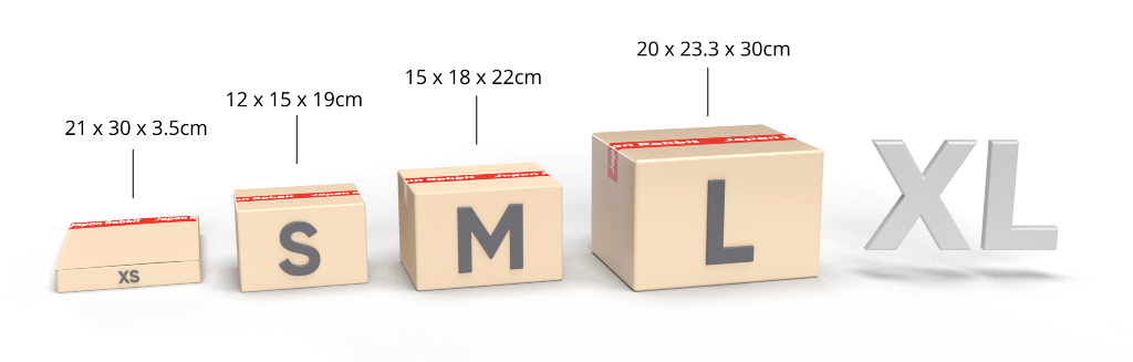 Illustration comparing extra small, small, medium, large and extra large package volumes